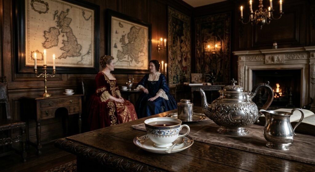 Zabytkowa porcelanowa filiżanka z ciemną herbatą i srebrny dzbanek na zdobionym stole w XVII-wiecznym pałacowym wnętrzu rozświetlonym świecami. (Grafika wygenerowana przez AI)