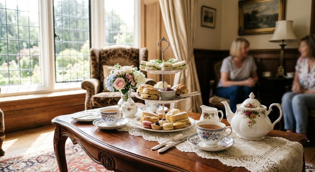 Tradycyjny brytyjski podwieczorek z trójpoziomową paterą pełną przekąsek, bułeczek scone i kanapek obok porcelanowego serwisu do herbaty w jasnym salonie (Grafika wygenerowana przez AI)