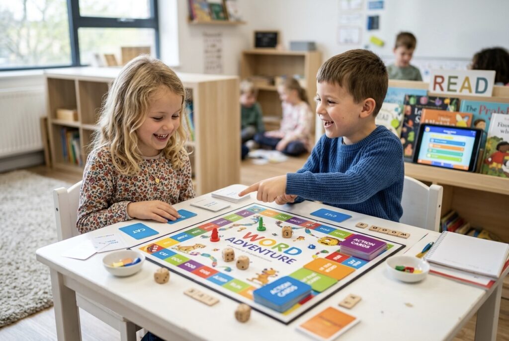Chłopiec i dziewczynka w wieku siedmiu lat siedzą przy białym biurku, gdzie z zaangażowaniem grają w planszową grę językową z użyciem kart edukacyjnych oraz kości. (Grafika wygenerowana przez AI)